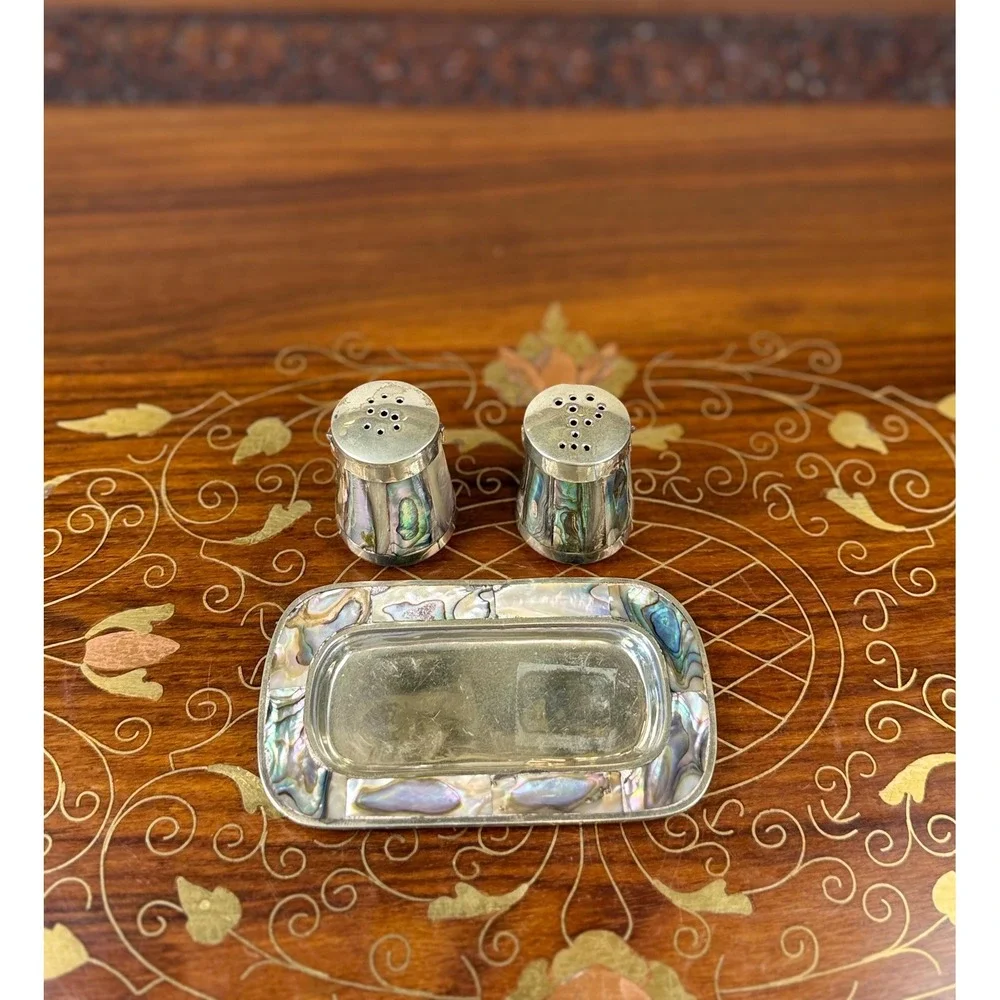 Vintage Mexican Alpaca Silver Abalone Salt & Pepper Shakers with Tray